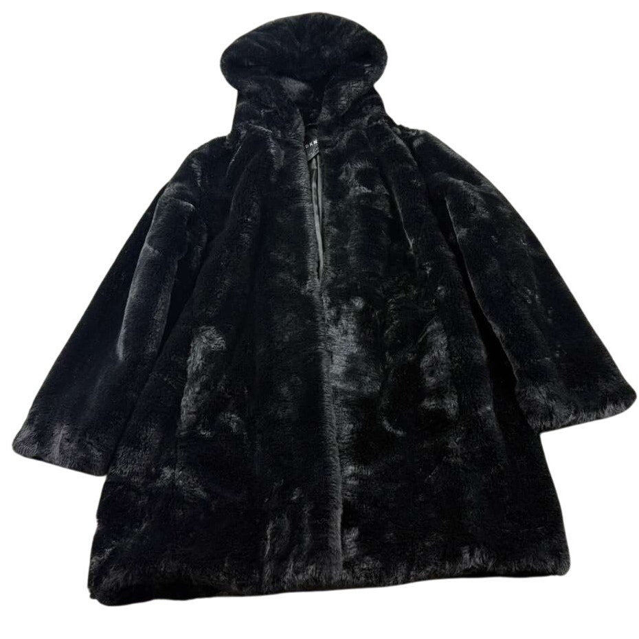 Dkny Coat Women M Black Faux Fur Hooded Clasp Closure Long Sleeve Lined Plush